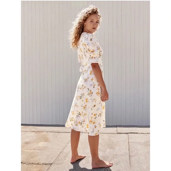 Reformation Maribel Linen Midi Floral Dress Puff Short Sleeves V Neck Tansy 4 - Picture 3 of 14
